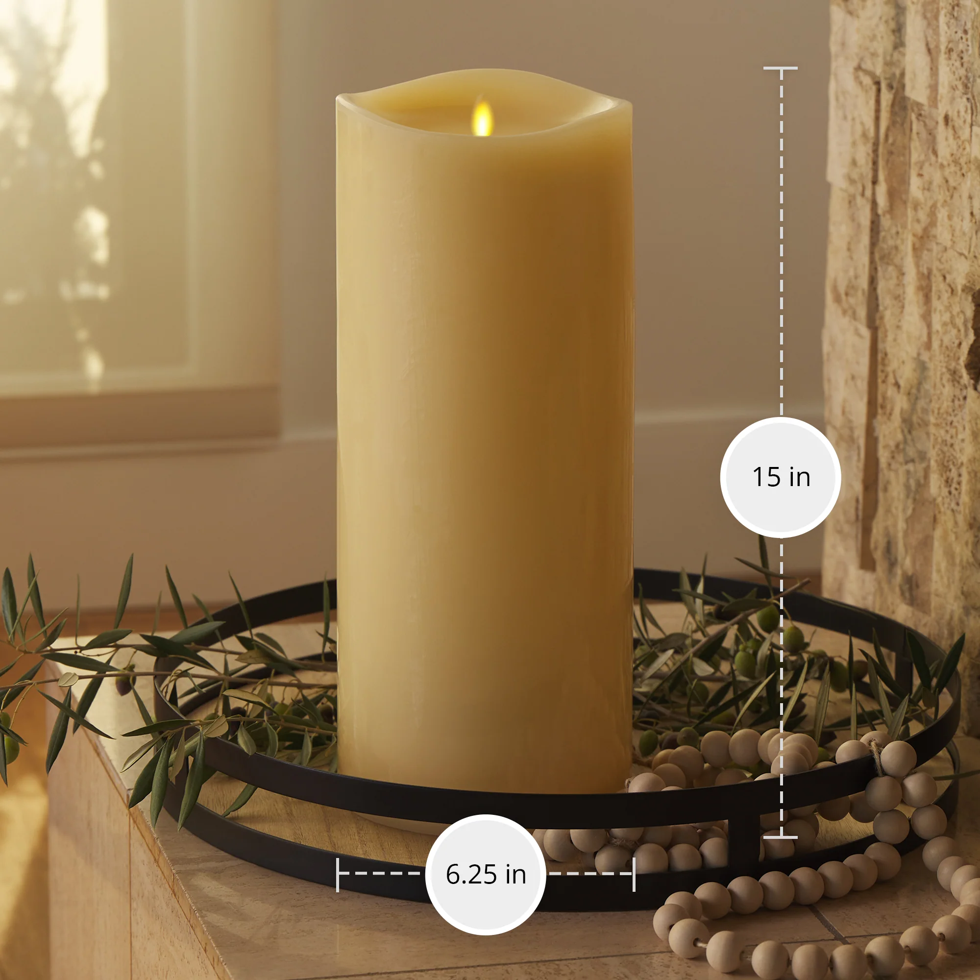 Ivory Flameless Candle Grand Pillar - Melted Top - 6.25" Width - Image 13
