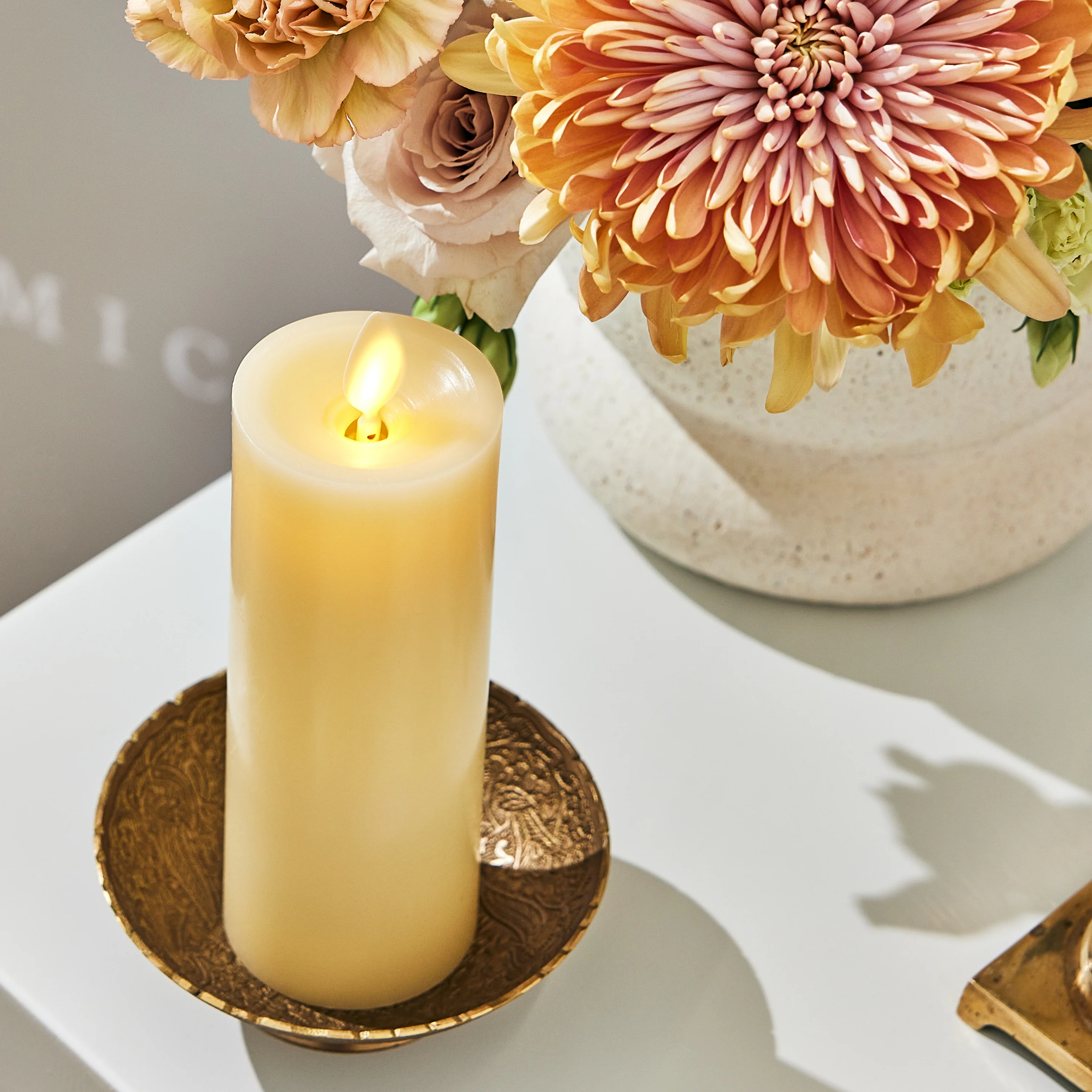 Ivory Flameless Candle Slim Pillar - Recessed Top - 2" Width - Image 9