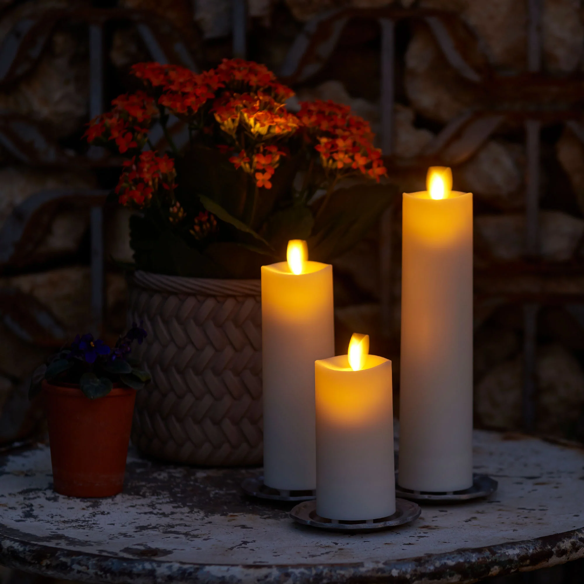 Set of 3 Pearl Ivory Outdoor Flameless Candle Slim Pillars with Remote - Melted Top - Image 3