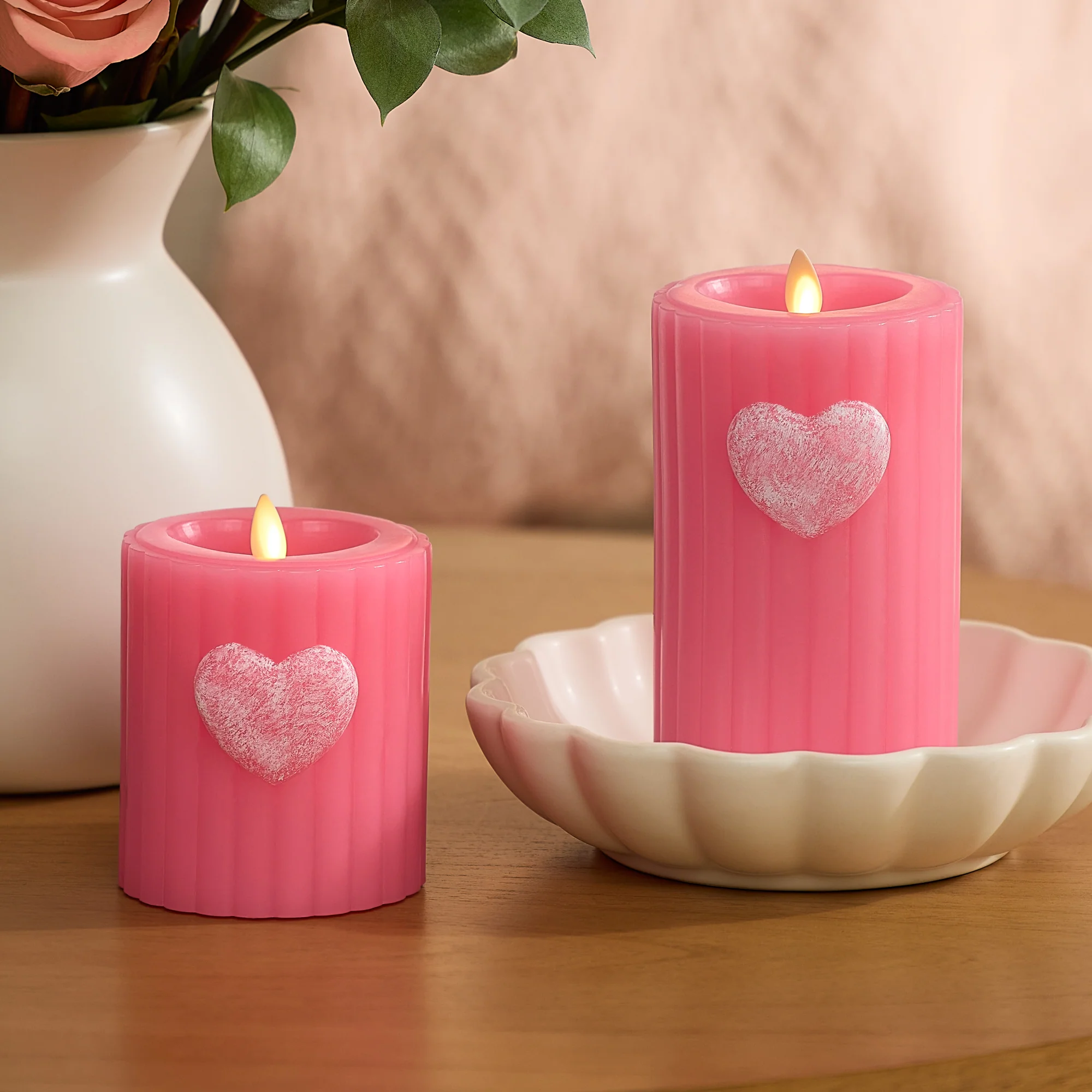 Sweet Pink Ribbed Flameless Candle Pillar