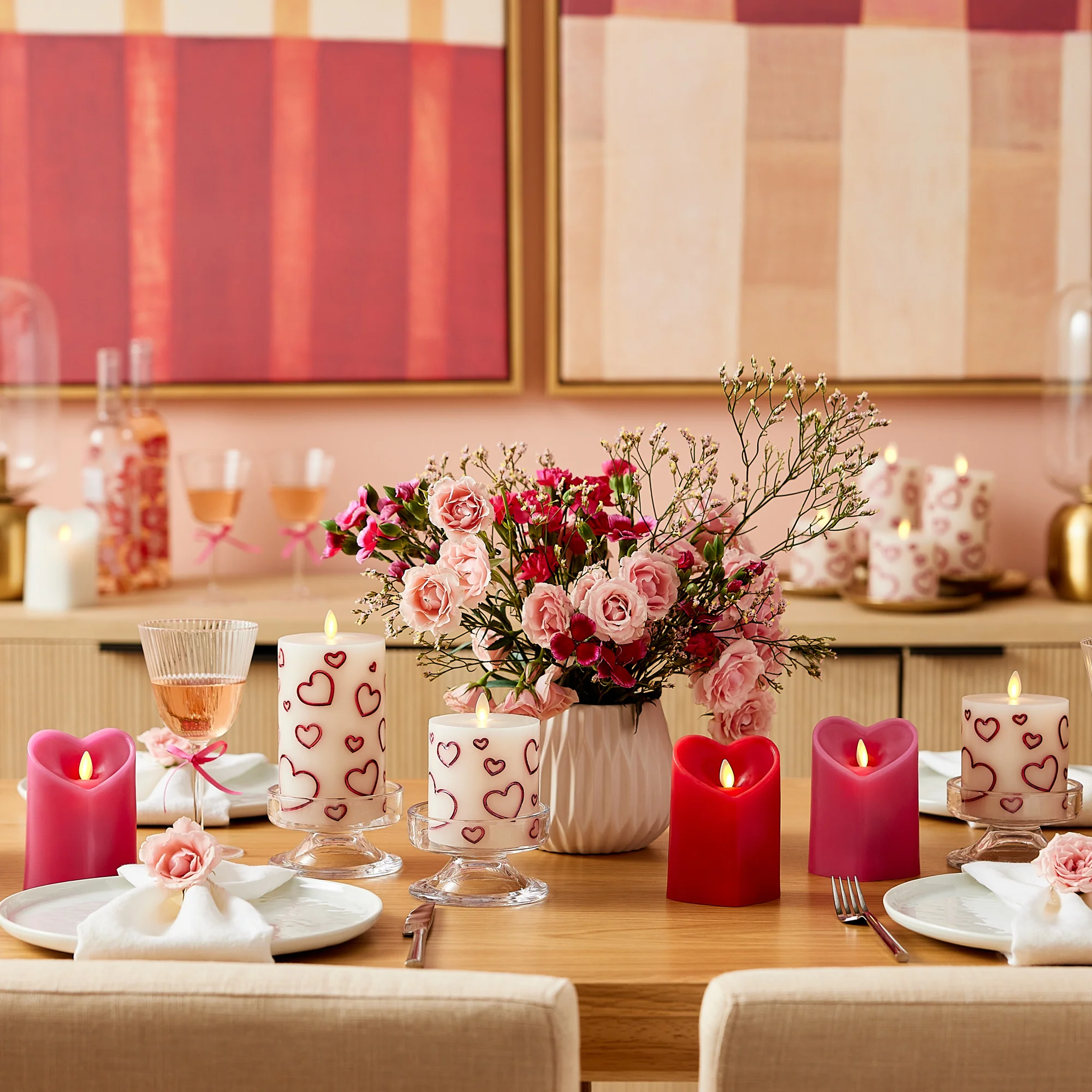 White Porcelain with Metallic Red Hearts Flameless Candle Pillar - Image 4